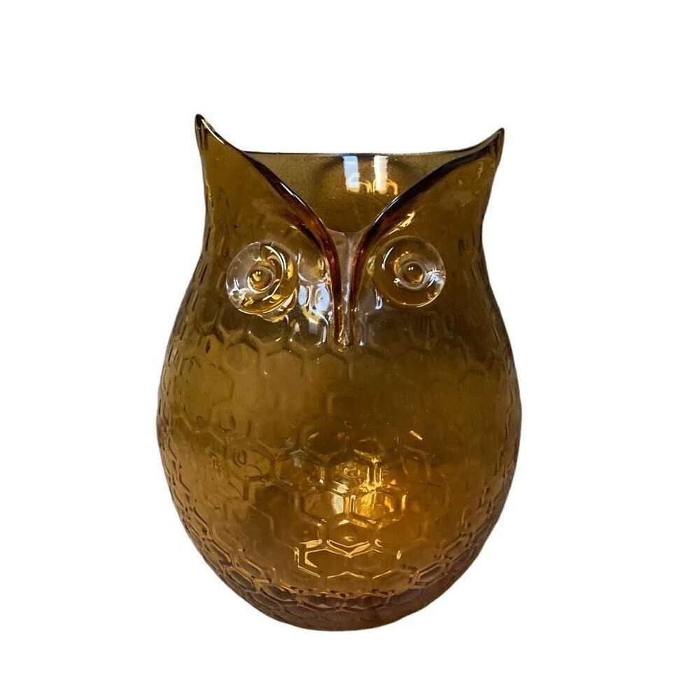 Amber Glass Honeycomb Owl Vase candleholder Retro Decor  8”‎